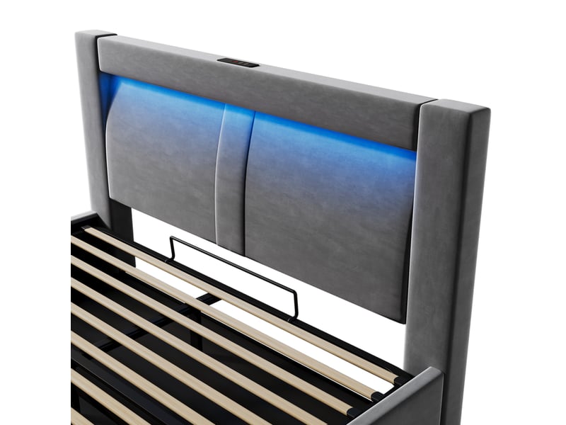 Lit double 160x200 cm gris en velours, rangement hydraulique, led, usb et type c, tête de lit courbée, avec matelas - Conforama E
