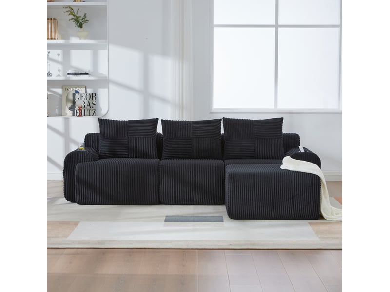  Canapé modulable 3 places 268x174x80 cm avec poufs en velours côtelé noir  - Conforama C