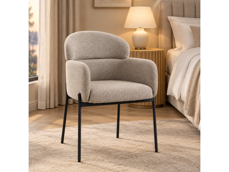  Fauteuil lounge avec dossier ergonomique et accoudoirs, pieds métalliques, en polyester chenille marron clair  - Conforama C