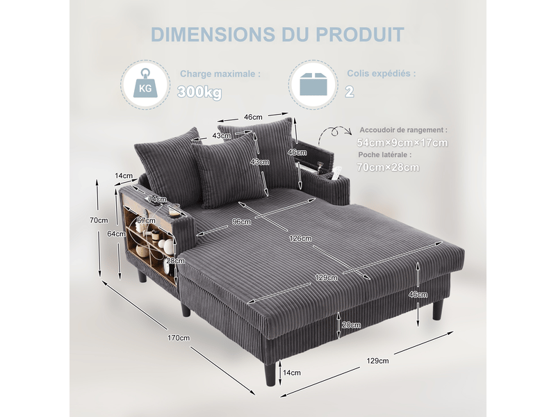  Méridienne en velours côtelé gris foncé 129x170x70 cm avec led, usb, rangement et porte-gobelets, salon chambre balcon 129x170x70cm - Conforama C