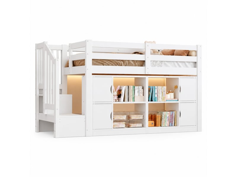  Lit mezzanine 90x200 cm blanc en bois, escalier rangement, bibliothèques, placards et led  - Conforama A