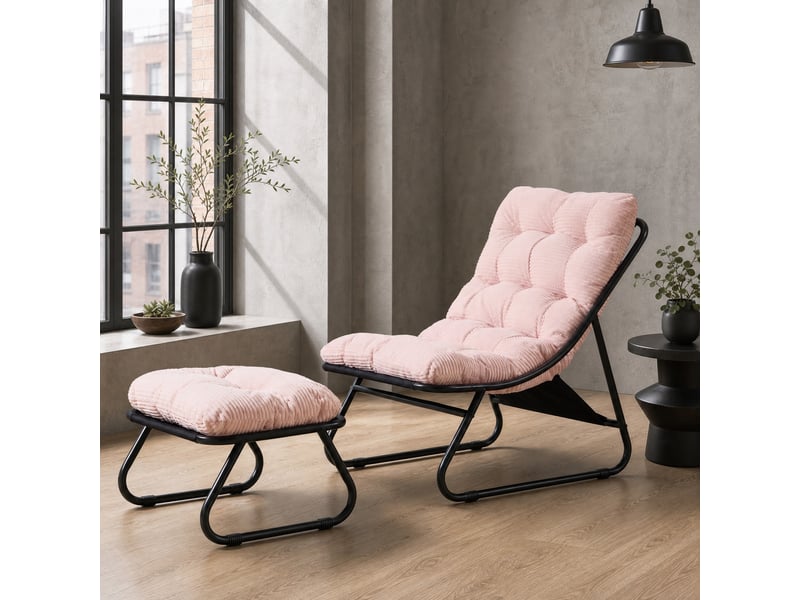  Fauteuil de jardin avec ottoman inclinable en acier, rose et noir  - Conforama C
