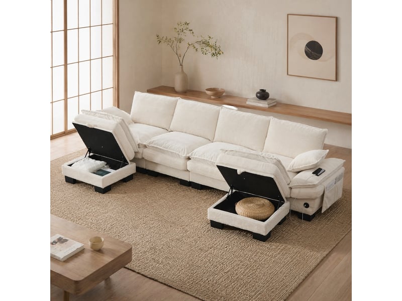 Canapé droit modulable 4 places en velours côtelé beige avec 2 poufs de rangement et port usb-c pour le salon - Conforama B