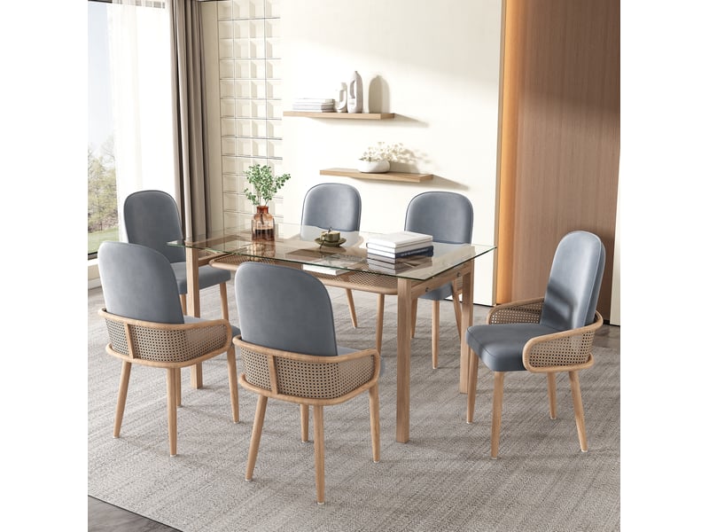  Lot de 6 chaises de salle à manger en velours gris, design rotin et pieds métal effet bois  - Conforama B