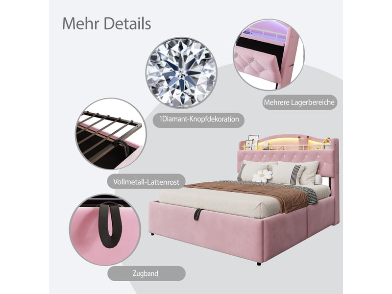  Lit capitonné 180*200 cm rose, coffre hydraulique, led, usb-c, tête avec rangements et cadre métal stable  - Conforama E