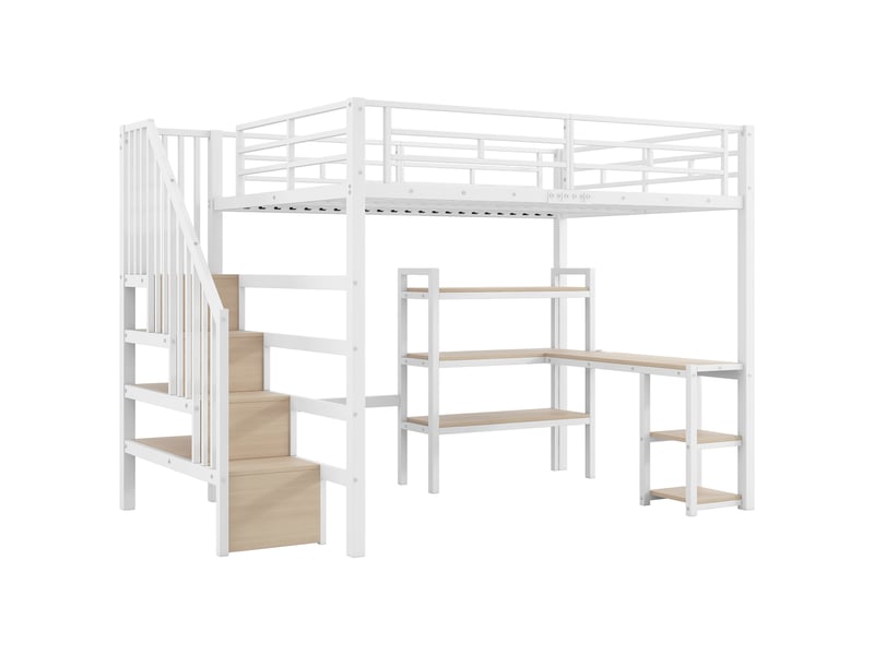 Lit mezzanine 140x200 cm en métal et mdf avec escalier, bureau, rangements, led et station de charge blanc chicfurn - Conforama A