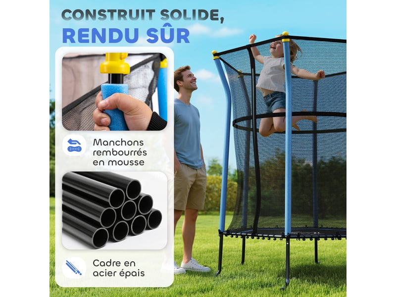 Trampoline pour enfant 1,22 x 1,11 x 1,9 m filet de sécurité porte zippée 6 poteaux rembourrés inclus bleu noir - Conforama D