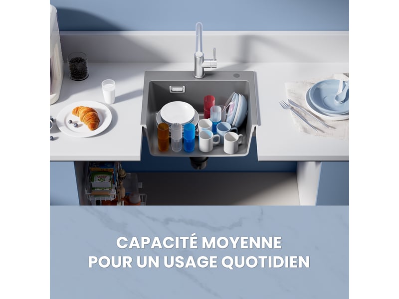  Cecipa max évier de cuisine 50x45cm - évier en granit - avec trou de robinet - avec égouttoir - gris  - Conforama E