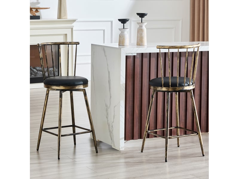  Tabouret de bar avec dossier style windsor, assise rembourrée et structure métallique, en pu noir et marron  - Conforama C