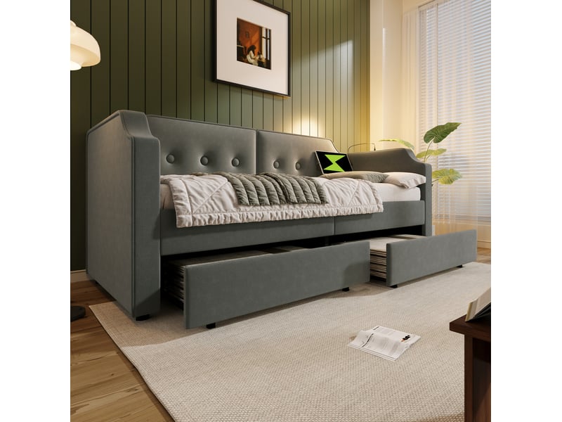 Modenvie lit banquette 90x200 cm - avec 2 tiroirs, usb-c et liseuse, sans matelas - gris  - Conforama E
