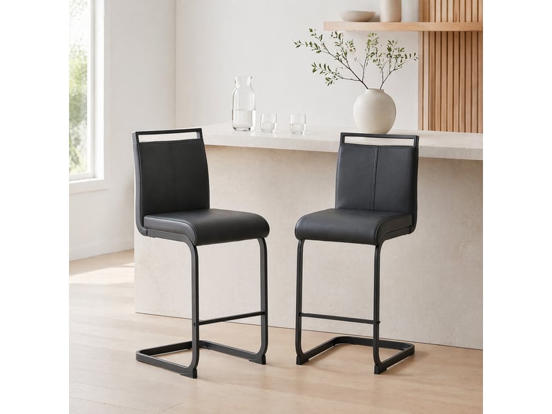  Lot de 2 tabourets de bar avec repose-pieds et dossier, en simili cuir et métal noir  - Conforama B