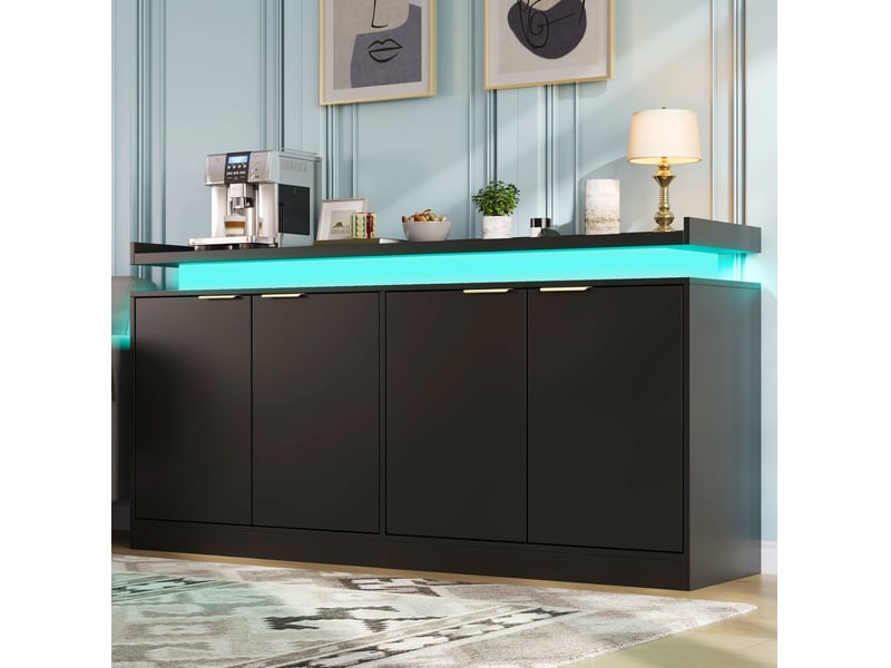  Buffet bas 160x39x83 cm, quatre portes avec led mdf, style moderne, meuble de rangement, pour la maison, coloris noir  - Conforama B