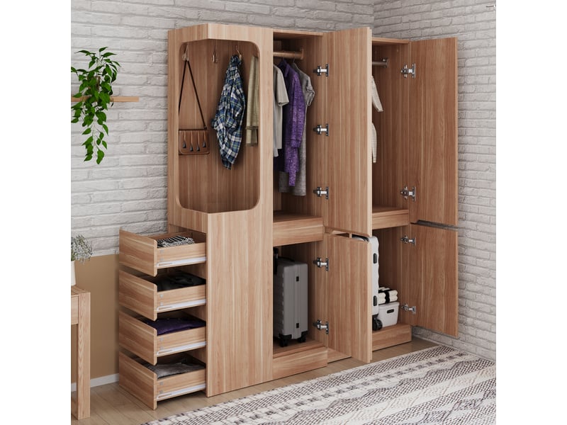  Lot de 2 armoires 6 porte(s) 4 tiroir(s) coloris naturel largeur 140 cm bois massif armoire naturel - Conforama E