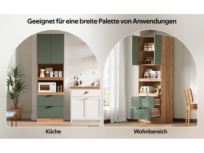  Buffet haut de cuisine vert en mdf, 2 portes, 2 tiroirs et 2 étagères ouvertes, rangement multifonction  - Conforama D