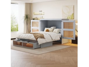 Lit escamotable tcqpz 140 x 200 cm avec sommier, rangements et tiroirs, design rotin, gris