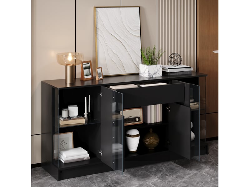 Buffet bas avec 6 portes, 1 tiroir, 2 vitrines et led réglable pour salon en panneau de particules noir 150 × 40 × 75 cm - Conforama D