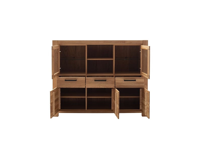 Buffet vitrine 3 portes 3 tiroirs et 2 portes vitrés, coloris chêne naturel - longueur 172 × profondeur 45 × hauteur 140 cm - Conforama C