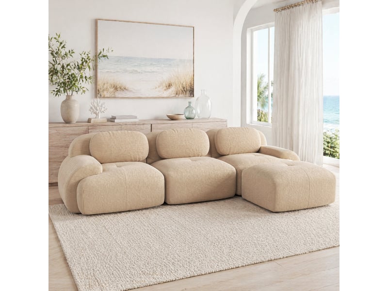  Canapé d'angle modulaire 298x178x70 cm 3 places sans montage velours côtelé beige  - Conforama C