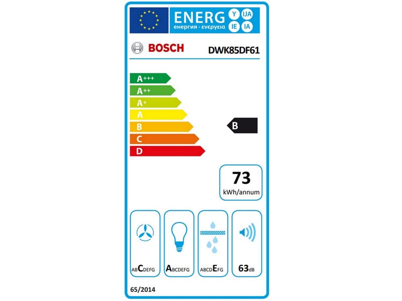  Bosch - bosch. Hotte décorative. 80 cm. Ser4. Noir. 3 niveaux. Evacuationrecyclage. Evac. Air mode normal max mode intensif : 560 m3h. 63 db. Touch select. Led 2x2.5w. Classe énergie b  dwk85df61 - DWK85DF61 - Conforama B
