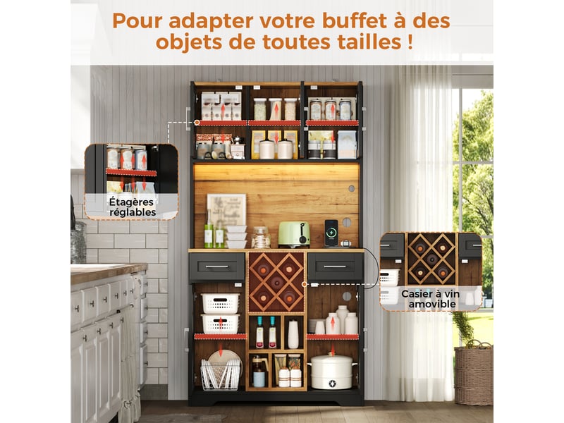  Buffet de cuisine haut avec 2 tiroirs, casier à vin amovible, led rgb et prises pour salle à manger en mdf 105×40×180 cm  - Conforama E
