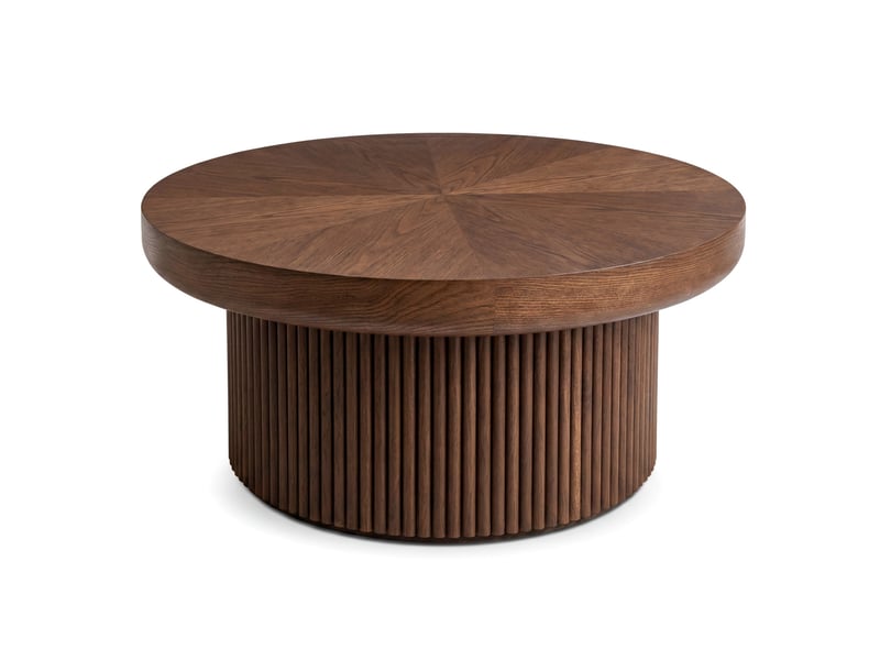  Table basse ronde ø78x38,5 cm plateau marqueterie bois, base cylindrique cannelée, plateau épais, design moderne, bois foncé  - Conforama A