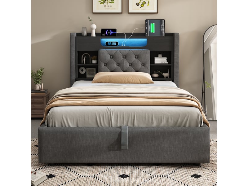  Lit coffre 90x200 cm, lit simple avec rangement hydraulique, led, usbtype-c, tête de lit avec étagère, tissu en lin, sans matelas - gris  - Conforama E