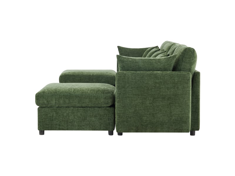 Canapé d'angle modulaire 278x161 cm avec 2 poufs et 6 coussins, canapé 4 places en tissu chenille vert  - Conforama D