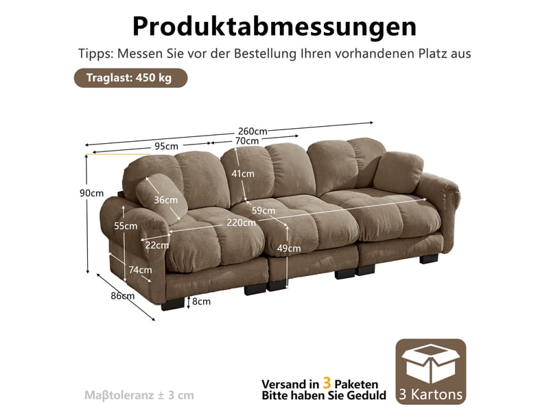  Canapé droit 3 places modulable en tissu marron avec 2 coussins déco, design matelassé pour le salon  - Conforama C