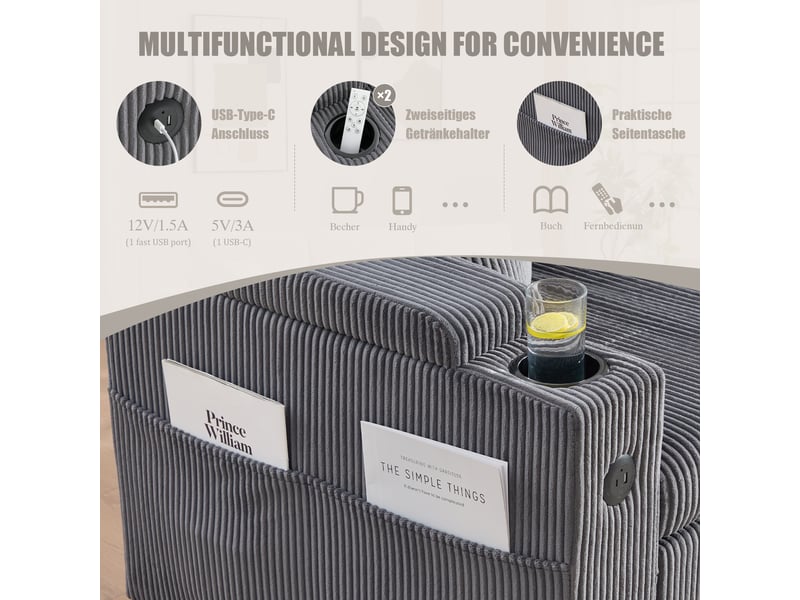  Méridienne canapé 3 places avec coffre de rangement et usb-c, velours côtelé gris anthracite  - Conforama D