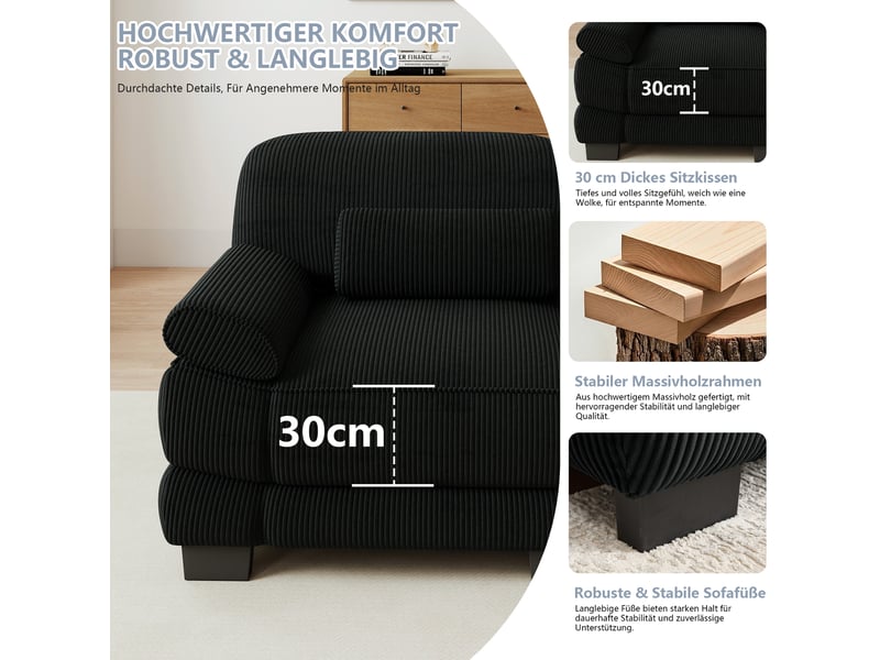  Canapé modulaire d’angle,194x161x94 cm,2 places avec pouf,velours côtelé,noir  - Conforama E