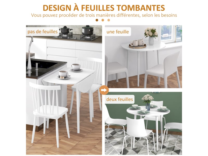  Table de salle à manger pliante 2 abattants, pieds en bois ø 89 x 73,5 cm, table ronde extensible pour 4 personnes, blanc  - Conforama A