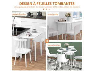 Table de salle à manger pliante 2 abattants, pieds en bois ø 89 x 73,5 cm, table ronde extensible pour 4 personnes, blanc