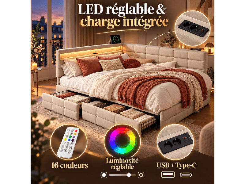 Canapé lit rembourré 140x190 avec led et port usb tpye-c, lit double avec 2 tiroirs et nombreux rangements, sommier à latte, beige - Conforama E
