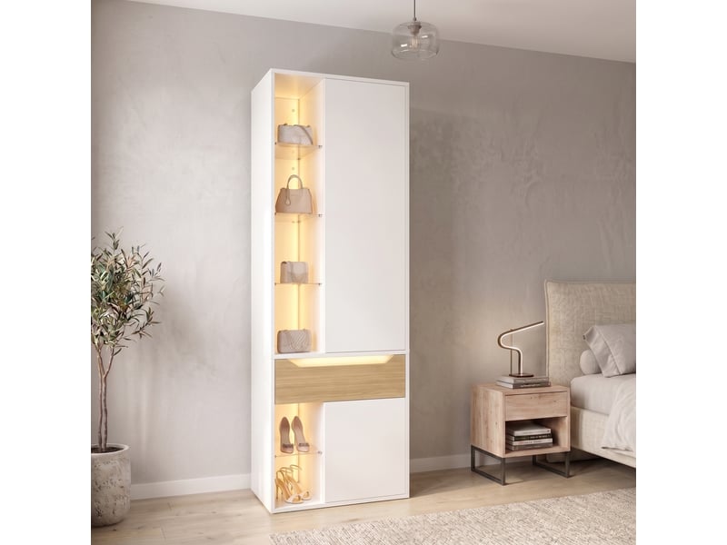  Armoire de chambre blanche avec éclairage led et vitrine en verre 75x50x200 cm  - Conforama E