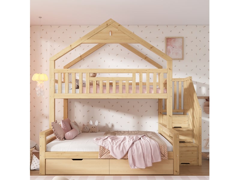  Lit superposé enfant avec toit et rangements, 90x200 et 140x200 cm, coloris chêne  - Conforama D