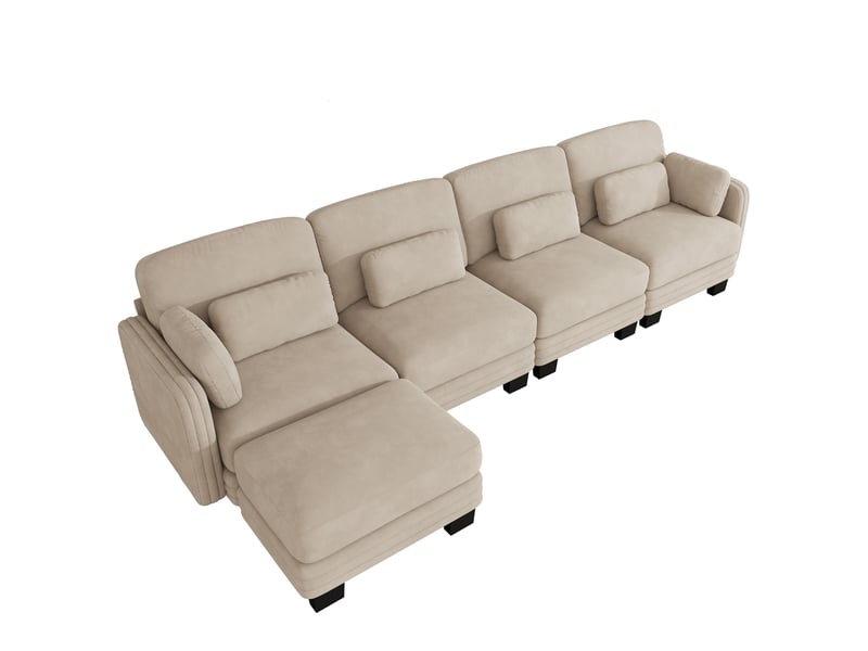 Canapé d’angle modulaire 4 places avec ottomane 330x143x88 cm en chenille café clair - Conforama A