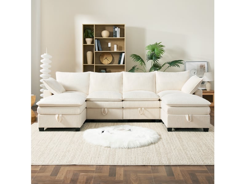  Canapé modulable modenvie 6 places en velours côtelé beige avec rangement usb 280 x 151 x 82 cm  - Conforama B