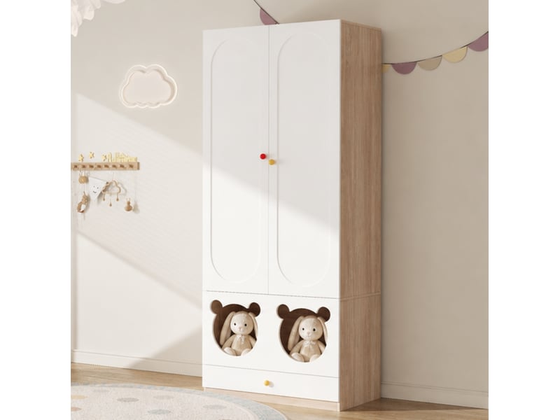  Armoire enfant 2 portes 80 x 50 x 200 cm avec penderie et tiroirs blanc naturel  - Conforama D