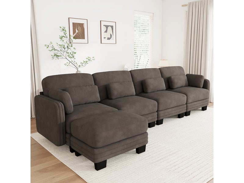  Canapé d’angle modulable 330 cm 4 places avec pouf, coussins d’accoudoir amovibles, coussins lombaires épais à soutien renforcé, chenille, brun café  - Conforama B
