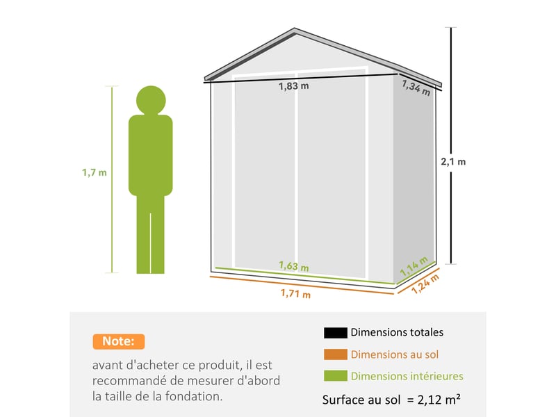 Abri de jardin en polypropylène 2,12 m² avec double porte, fenêtre et aération - Conforama E
