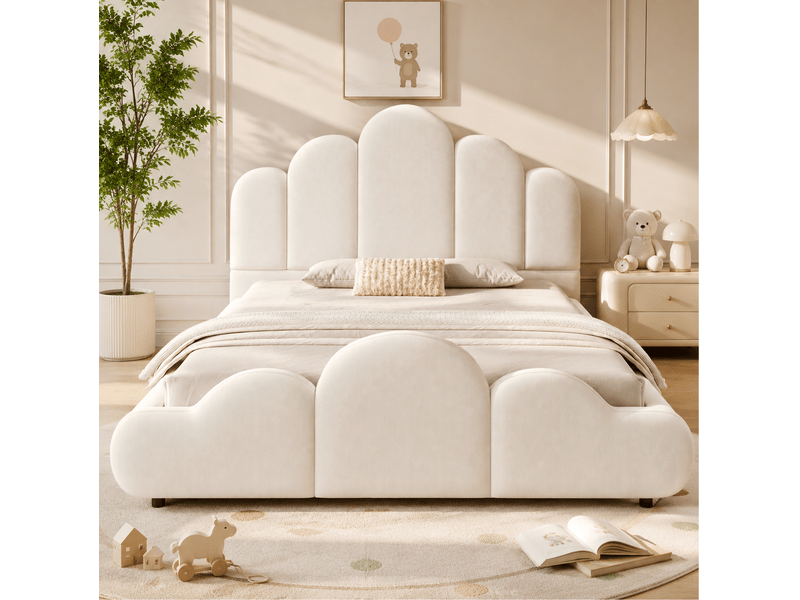  Lit enfant 140x200 cm en velours beige avec sommier à lattes et angles arrondis  - Conforama E