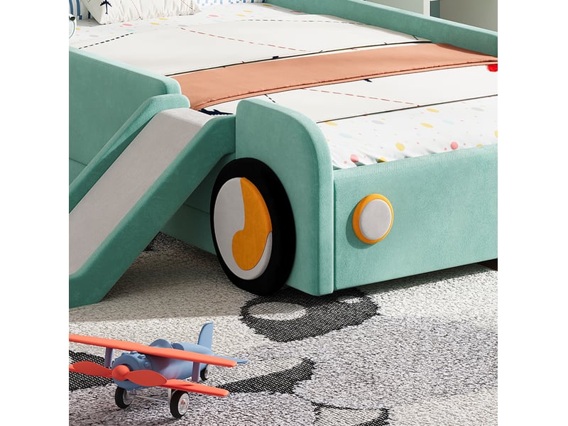  Lit pour enfant voiture, 90 x 200 cm, avec toboggan, escalier réversibles, matelas non inclus, coloris bleu et vert  - Conforama E