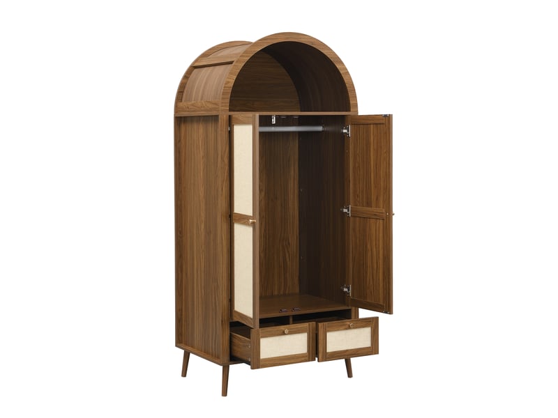  Armoire 2 portes 2 tiroirs effet noyer et rotin beige, penderie, 180 cm  - Conforama E