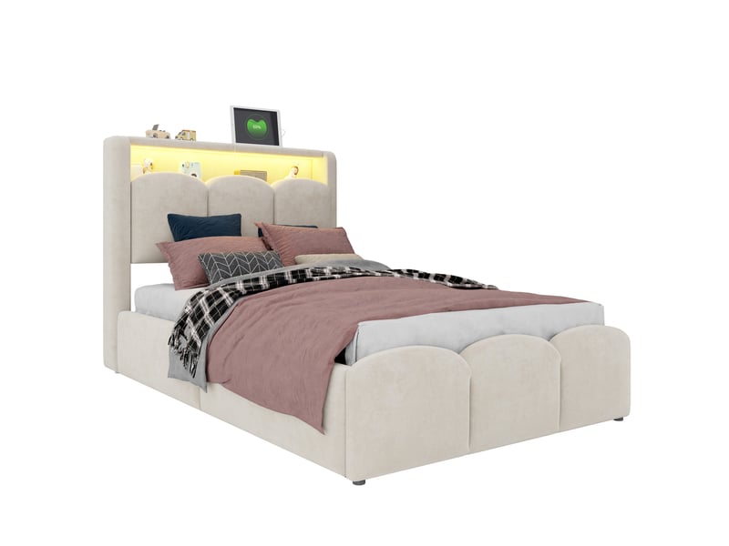 Lit simple enfant 90x200, couchage hydraulique et rangements, ports usb et type-c, led, velours beige  - Conforama A
