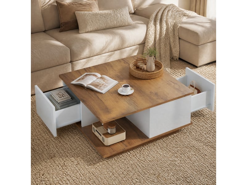  Table basse carrée 70 x 70 cm avec 3 tiroirs, rangement semi-ouvert, blanc et bois  - Conforama B