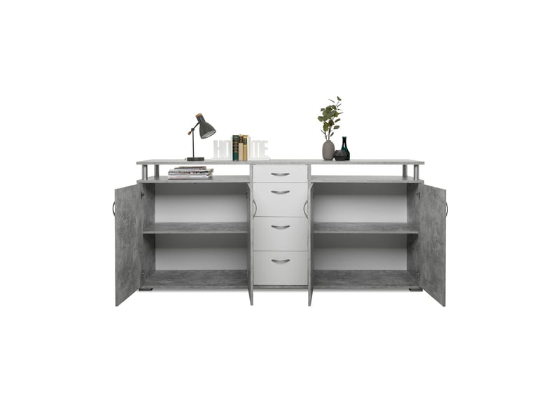  Buffet 2 portes 4 tiroirs 208x38,5x93,2 cm béton et blanc  - Conforama D