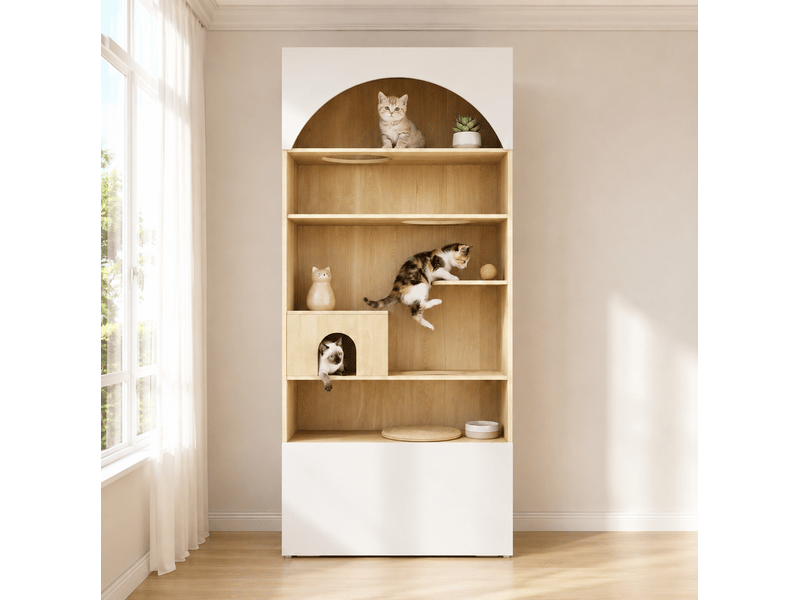 Meuble de rangement multifonction 90x50x202 cm, plateformes, niches, panneau de particules blanc et aspect bois - Conforama E