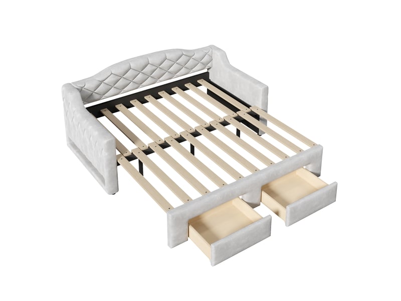  Lit banquette extensible 90x200-180x200 cm avec led, 2 tiroirs, lit gigogne, lit enfant, mdf, velours gris sans matelas  - Conforama E