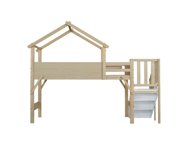  Lit superposé pour enfant avec barrière de sécurité et protection antichute, toit au design original, tableau noir à peindre, 3 casiers dans l'escalier, pin, mdf et contreplaqué, blanc et naturel, 90 x 200 cm  - Conforama E