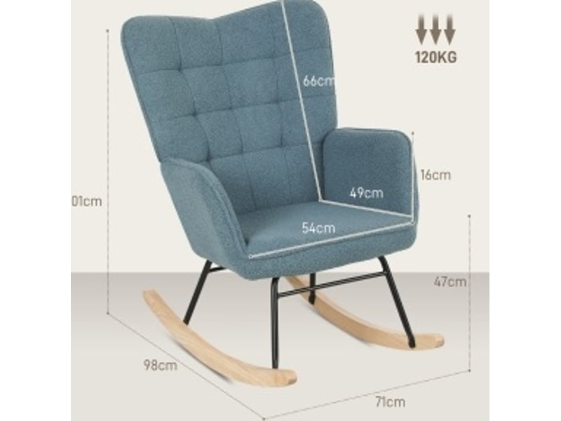  Fauteuil à bascule rembourré avec dossier haut et accoudoirs, en polyester bleu clair, 98 × 71 × 101 cm  - Conforama D